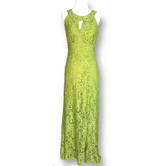En Focus Studio Dress Lime Green Maxi Floral Detail Lace Sleeveless Sheer Size 6 - Picture 1 of 12